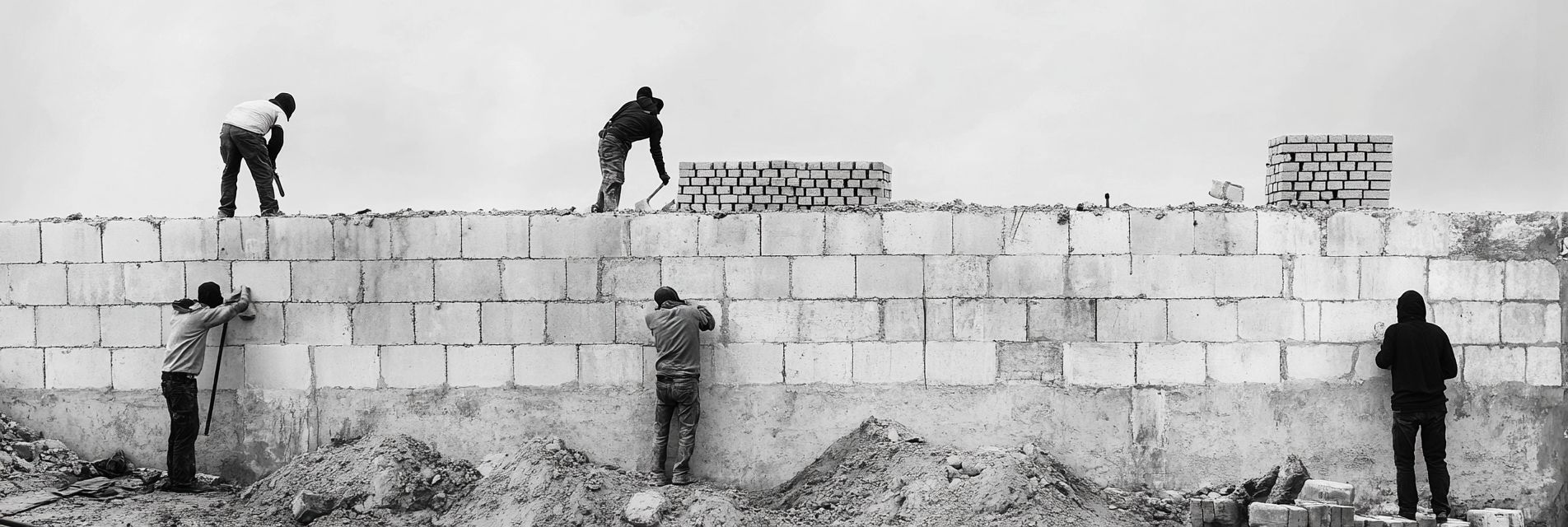 people building a wall together